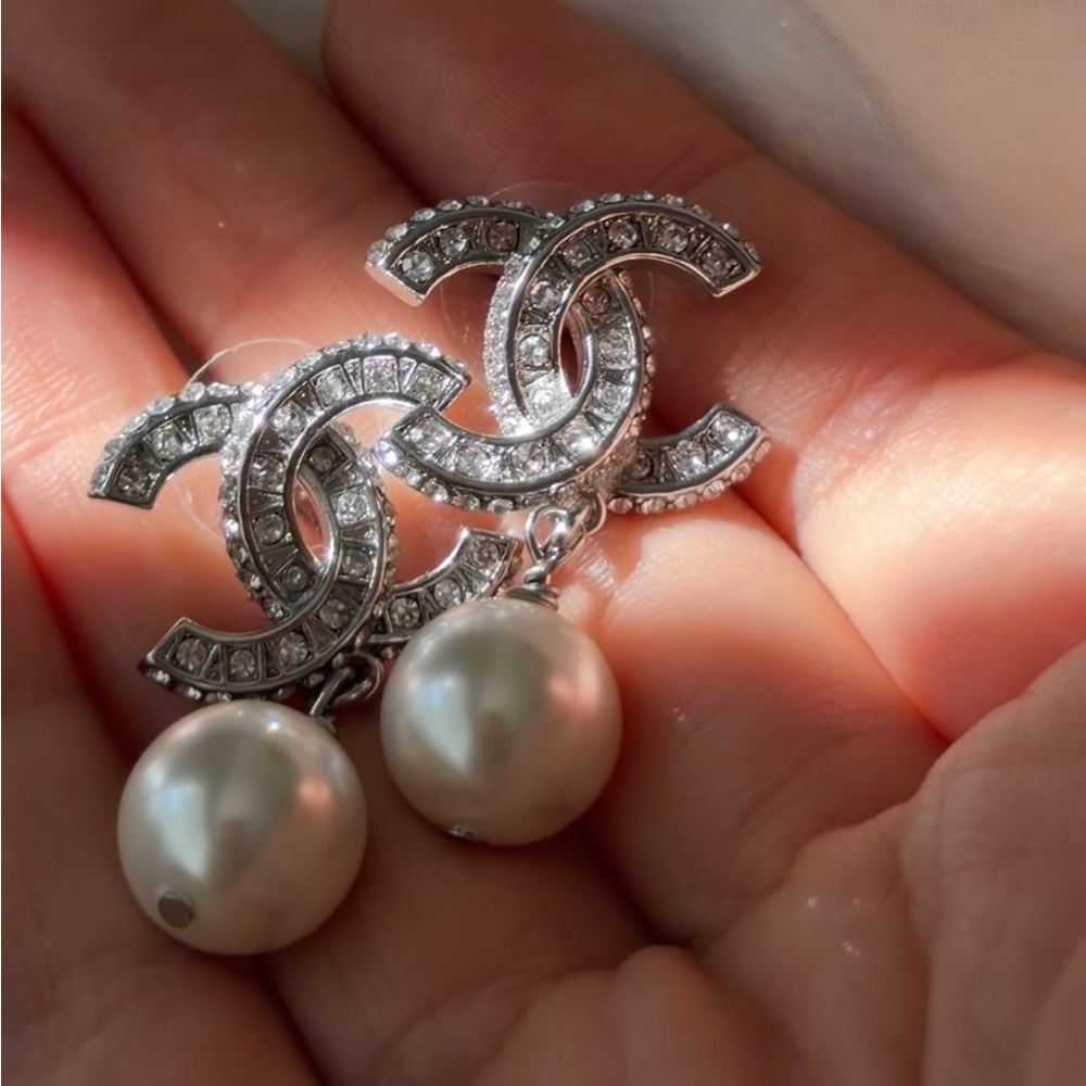 CHANEL Silver Crystal CC Logo Drop Earrings with White Pearls - Picture 13 of 13